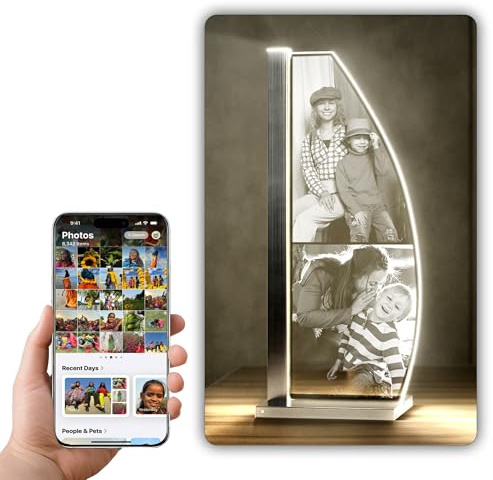 Luverre LED FOTO-Tischlampe | personalisierbare Nachttischlampe | Geschenk für Mama, Papa, Oma und Opa | Fotogeschenk mit eigenem Bild | Glasfoto (Segel | silber, 2 Fotos)