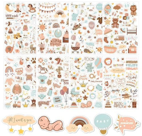 LUHOCIY 408 Stück A4 Sticker Fotoalbum Baby,8 Sets Baby Fotoalbum Sticker, Sticker Babyalbum, Aufkleber für Fotoalbum Geeignet für Babyalben/Mutterschaftstagebücher/Taufen/Sammelalben