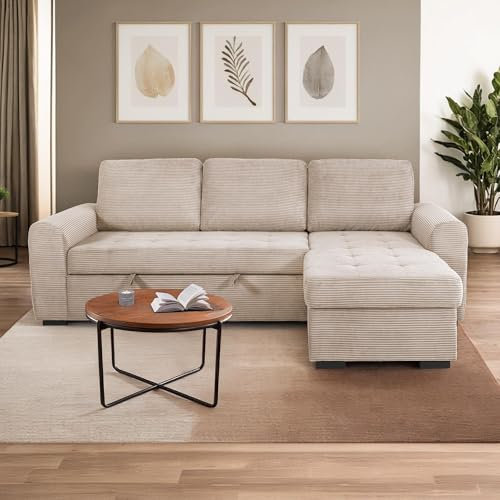 Mobilier-Deco Emeline - Canapé d'angle réversible Convertible avec Coffre en Velours côtelé Beige