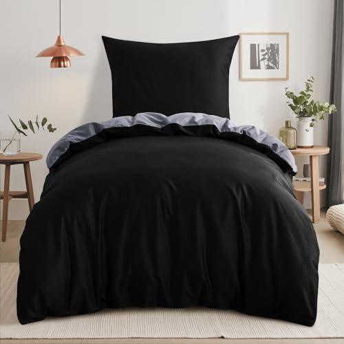 RUIKASI Bettwäsche 155x220 Baumwolle Schwarz - Bettwäsche-Sets 155x220cm 2teilig Wendebettwäsche 2tlg mit Reißverschluss, zweifarbige Bettbezug Set Schwarz und Grau Cotton