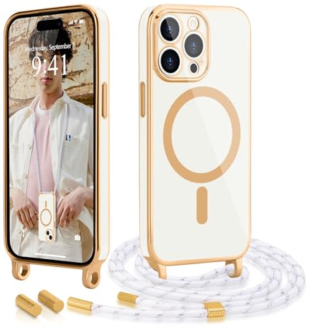 Wirvyuer Handykette für iPhone 14 Pro Max Magnetisch Hülle mit Band,Weiß