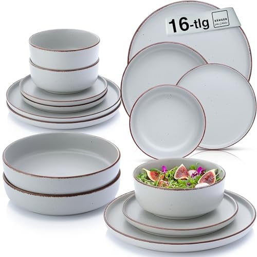 SÄNGER Bombay Stone | Geschirrset 16 teilig, Steingut Geschirr 4 Personen, 4x Speiseteller 4x Dessertteller 4x Schalen 4x Pastateller, Teller Set modern | VALUE COLLECTION