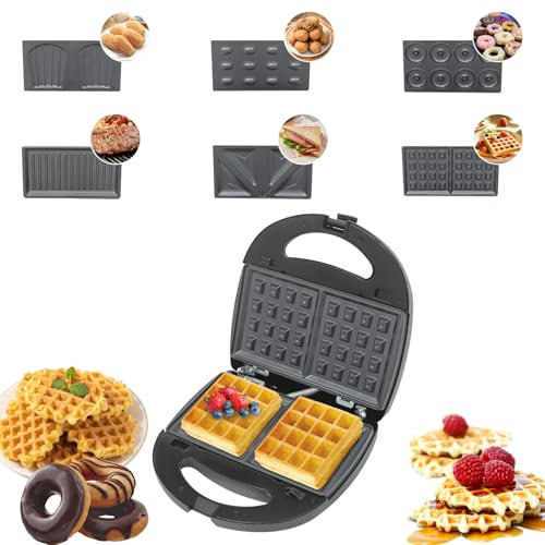 WindWilder 750W Multifunktional Waffeleisen Maker mit Doppelseitiges Backen, 6 in 1 (Waffelplatte, gestreifte Platte, Donutplatte, Sandwichplatte, Muschel, Nussplatte) 22.5x22x10.5cm