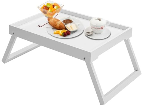 Kaukinye Bamboo Bed Tray Table with Foldable Legs, Breakfast Tray (White) | Laptop Desk with Folding Legs for Bed or Sofa,Food,Dinner, Serving,TV Table,Kitchen,Eating,Working