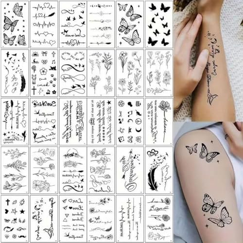 SanKristo 30 PCS Tatouages Temporaires pour Femme Homme 3D Fleurs Feuilles Mots Papillon Tatouages Autocollants pour Main Bras Jambes Faux Tatouage Imperméable Adultes Sticker