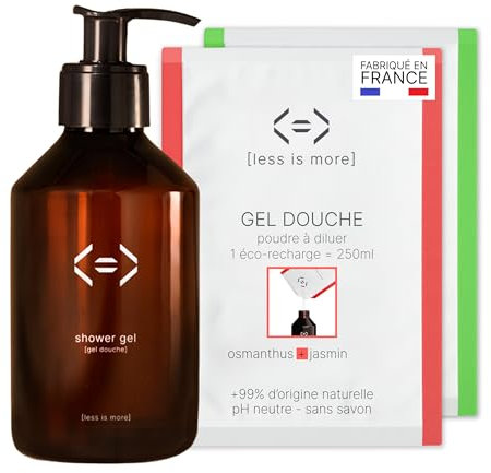 Less is More Coffret Cadeau Gel Douche Naturel en Poudre à Diluer, Basilic/Citron Osmanthus/Jasmin, sans SLS, sans Savon, Kit Bouteille + 2 Recharges Ecologique, 500ml, Secret Santa, Cadeau Noël