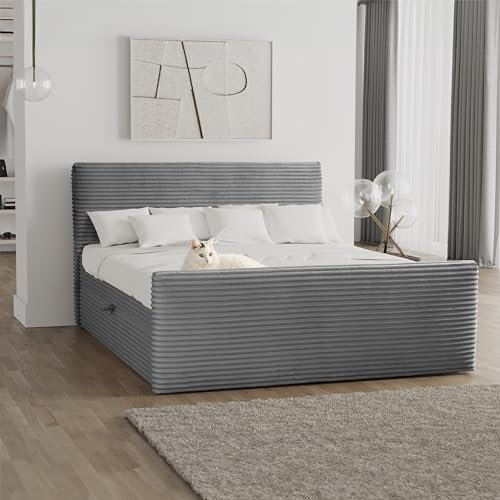 Kaiser Möbel - Bett 200x200 cm, Boxspringbett mit Bettkasten und Topper, Cord Schlafzimmerbett, Doppelbett mit Stauraum und Gepolstertes Kopfteil, Toppermatratze aus Viscoschaum - Trento - Dunkelgrau