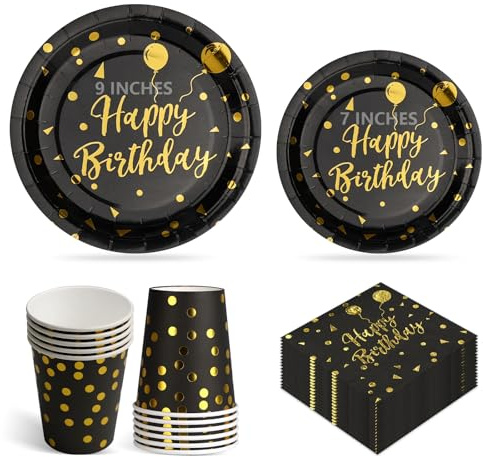 100Pcs Happy Birthday Party Plates Cups and Napkins, 9 and 7 Black Gold Disposable Paper Plates, Paper Dessert Cake Plate, Strong Party Tableware Set 25 Guests for Birthday Decorations