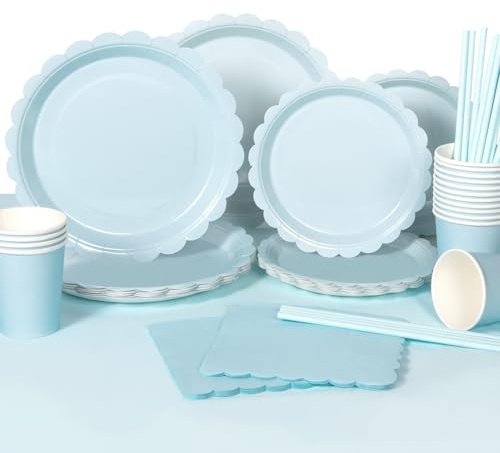 Yidaxing Vaisselles Jetables Anniversaire Bleu Clair, Assiettes Jetables Bleu Ciel Gobelets Pailles Serviettes Nappe pour Décoration Fête de Mariage Anniversaire Baby Shower,16 Invités