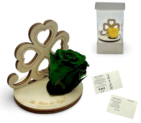 La Rosa dei Sogni Rosa Stabilizzata con Quadrifoglio in Legno Intaglio Laser – Fiore Naturale a Lunga Durata - Made in Italy (Verde)