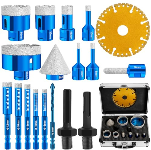 Lot de 19 Foret Diamant pour Carrelage, M14 Scie Cloche Diamant 6/8/10/25/35/50/65 mm + M6 Meche Carrelage 6/8/10/12 mm + Foret à Chanfreiner + Lame de Scie Plongeante + Adaptateur