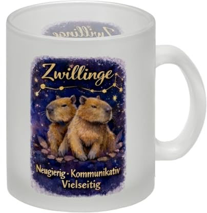speecheese Glas Tasse Zwilling Sternzeichen Cabybara für Astrologie Fans | Lustige Tasse mit Spruch für Büro oder Zuhause