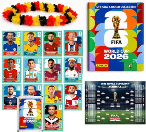 XXL Kit Starter Fan Coppa del Mondo 2026 – Album Originale Panini, Calendario Partite + Collana di Fiori Germania, Bundle Fan XXL (10 Bustine / 70 Figurine)