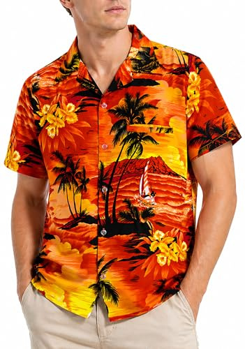 King Kameha Herren Hawaiihemd Kurzarm, Sommer Aloha Shirt mit Surfen-Print