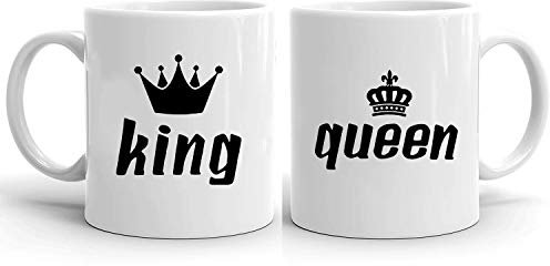 King Queen 2- Set di 2 tazze da caffè con set di tazze da regalo regalo di nozze, matrimonio San Valentino Coppie Coppia Amici, Farbe2:Bianco