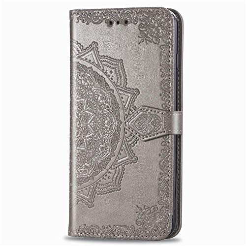 Fertuo Hülle für Oneplus Nord, Handyhülle Leder Flip Case Tasche mit Kartenfach, Magnet und Standfunktion [Mandala Muster] Handy Schutzhülle Ledertasche für Oneplus Nord 5G Smartphone, Grau