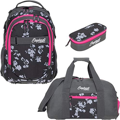 Elephant 3 Teile Set Schulrucksack Hero Signature Rucksack + Sporttasche + Mäppchen 12609 (Grey Flower (Grau/Pink Zip))