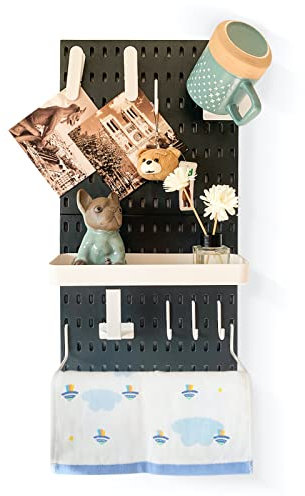 JoyBHole Kit de combinación de tablero perforado y 11 accesorios (soportes de gancho de estante), sin perforación, para garaje, cocina, sala de estar, baño, oficina, 22 x 11 pulgadas, organizador de