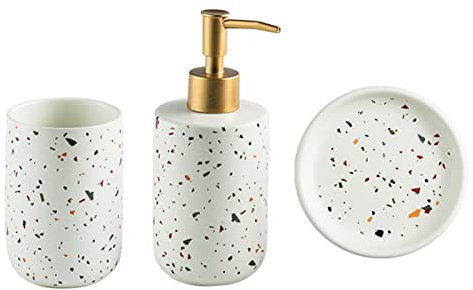 Ensemble de salle de bain 3 pièces accessoire de salle de bain texture terrazzo en résine, organisateur de vanité de décoration moderne avec distributeur de savon, porte-brosse à dents et porte-savo