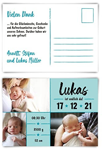 Kartenmachen.de 100 x Geburtskarten Baby Geburt Postkarten individuell mit Ihrem Textund Foto DIN A6 - Endlich da