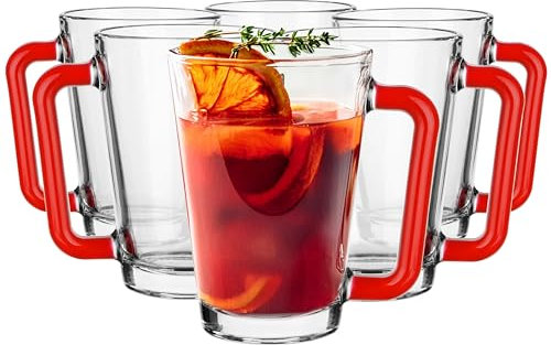 Glasmark KROSNO 1992 Juego De 6 Tazas En Vidrio Transparante con Asa Rojo Tazas De Café Latte Macchiato Capuchino Té Zumo Agua Soda 250 ml Laura