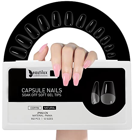 Beautilux Capsule Americaine Ongle Ballerine Court, Capsules Ongles Coffin Court Transparente Acrylique 552 Pièces 12 Tailles, Soak Off Faux Ongles Pose Americaine Pour Manucures à Domicile