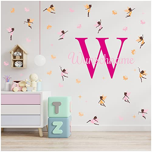 Wandsticker personalisiert Sticker Aquarell Tiere mit Name Wandtattoo für Kinderzimmer Babyzimmer Spielzimmer Mädchen Junge Y037 (Nr. 34 Feen, Mit Wunschname)