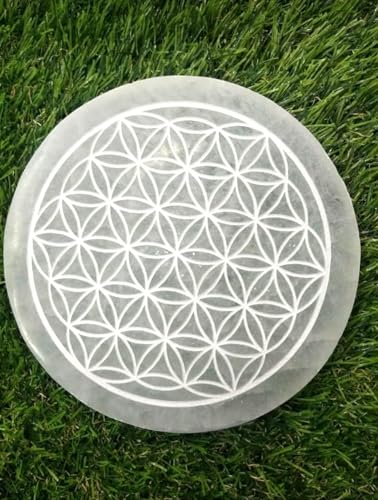 crystalmiracle Selenite 3 grabado placa de carga redonda cristal curación piedra preciosa regalo energía positiva meditación bienestar hecho a mano