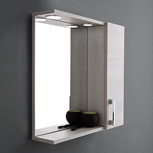 Kiamami Valentina Espejo con Mueble Alto de Roble Gris Efecto Madera Derecho y Foco LED 58cm