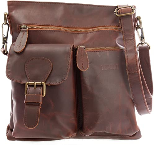 LECONI praktische Umhängetasche Schultertasche Ledertasche für Damen und Herren Used-Look Leder 29x32x5cm braun LE3084