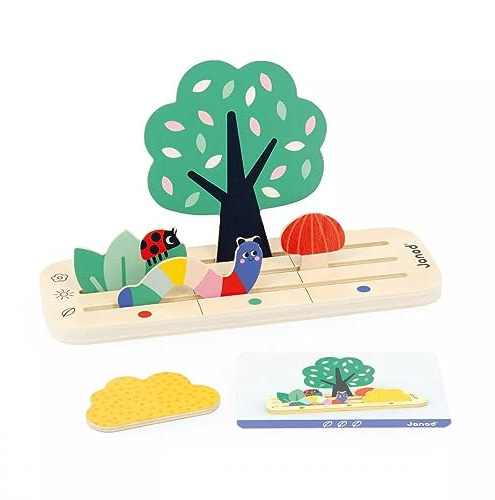 Janod - Pédagogie Range - Finding your Bearings in Space - The Garden - 9 FSC Wood Accessories + 12 Cards - Children’s Educational Toy - 36 Months +, J05077