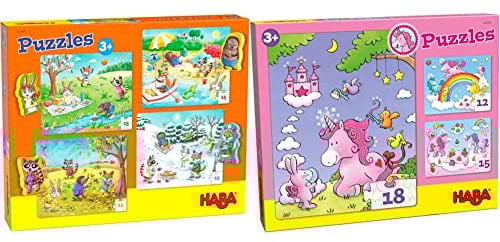 HABA 301888 Puzzles Jahreszeiten & 300299 - Puzzles Einhorn Glitzerglück