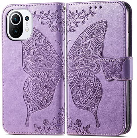 Roar Handyhülle für Xiaomi Mi 11 Hülle Flip Case Lila | Hochwertige PU Leder Handy Hülle im Schmetterling & Blumen Design: 3 Kartenfächer, Geldfach, Magnetverschluss, Stoßfest