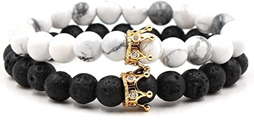 Skcess Armband Perlen Zirkonia, 2Pcs Armband Yoga Damen Schwarz Weiß Gold 2 Teiliges Kronenset Armband Herren 19CMx8MM