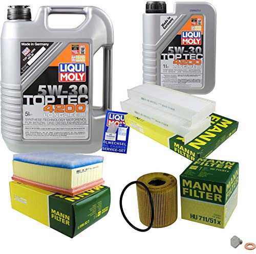 EISENFELS Filter Set Inspektionspaket erstellt mit 6 L Motoröl Liqui Moly Top Tec 4200 5W-30, MANN-FILTER Ölfilter, Luftfilter, Innenraumfilter, Verschlussschraube