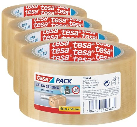 tesa Extra Strong PVC Packing Tape for Packing Heavy Parcels and Boxes, Clear, 66 m x 50 mm (Pack of 4)