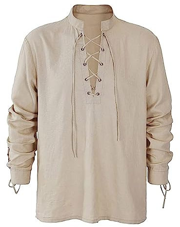 Men's Renaissance Shirts Cotton Linen Medieval Steampunk Shirts UK Sale Clearance Victorian T Shirt Long Sleeve Outfit Vintage Carnival Cosplay Blouse Henley Tops Loose Fit Pirate Shirts Khaki