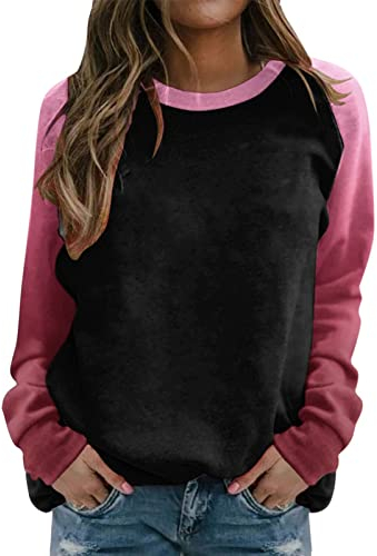 Hoodie Damen Oversize Langram Lässige Oberteile für Damen, Raglan-Oberteile mit Rundhalsausschnitt, Farbverlauf, einfarbig, Sweatshirts, Oberteil, Langarm, Pullover Damen Dunkelgrün (Black, XXL)