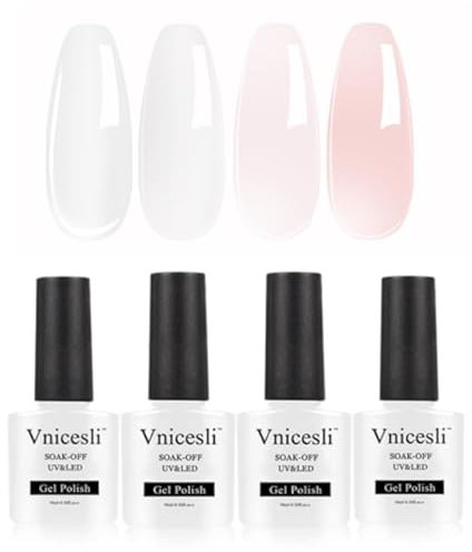 Vnicesli 4 Colors Gel Nail Polish Set, Translucent Jelly Milky White Pink Nude Gel Polish Ideal for French Manicure Nail Polish, Long Lasting & Low Odor for DIY Nail Art at Home,04-21