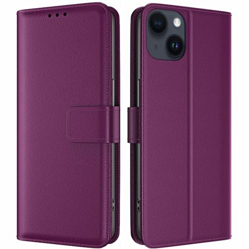 TQIAHF Handyhülle für iPhone 15 Flip Case Schutzhülle mit Kartenfach Klapphülle Leder Klappbar Tasche mit Ständerfunktion Dunkellila