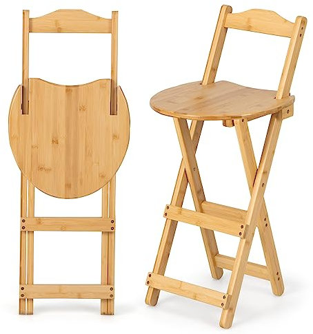GIANTEX Set mit 2 hochen, klappbaren Barstühlen aus Bambus, klappbarer Barhocker aus Bambus mit ergonomischer Fußstütze und Rückenlehne, 36 x 33 x 61 cm (mit Rückenlehne)