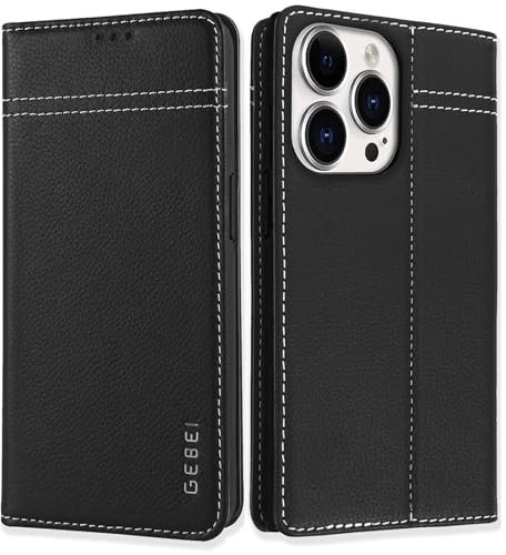 Hülle Echt Leder für iPhone 15 Pro Max (6,7) - Premium Echte Lederhülle mit Standfunktion Kartenfach Magnetverschluss Flip Case Ledertasche Handyhülle Schutzhülle Klapphülle – Schwarz