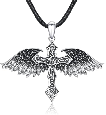 REDSUN Engelsflügel Halskette Herren Schutzengel 925 Sterling Silber Retro Kreuz Gothic Schwarz Engelsflügel Anhänger Glaube Amulett Schmuck Geschenk für Männer Frauen Unisex