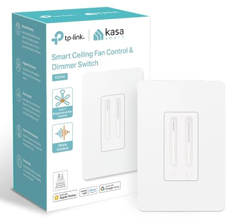 Kasa Smart Commande de ventilateur de plafond et variateur d'intensité, ventilateur réglable à 4 vitesses et réglage de la luminosité, fonctionne avec Apple HomeKit, Alexa et Google Home, Wi-Fi 2,4 G