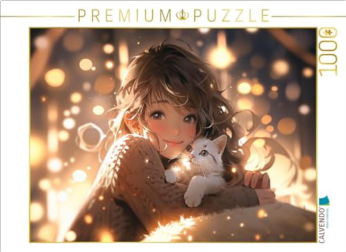 CALVENDO Puzzle Manga Illustration - Mädchen kuschelt mit Katze | 1000 Teile Lege-Größe 64 x 48 cm Foto-Puzzle für glückliche Stunden