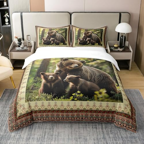 Homewish Juego de funda de edredón 100 % algodón con diseño de oso marrón, para niños, adolescentes, hombres, retro, caza, animales salvajes, tamaño King, juego de ropa de cama indio, bohemio, azteca,