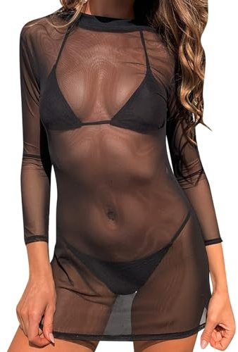 MIZSPISE Robe Sexy Femme Tenue Hot Chic Maille Transparente Coquine Nuisette Élastique Lingerie Elegant Club Anniversaire Cocktail Soiree Festival Outfit Manches Longues Noire Blanc