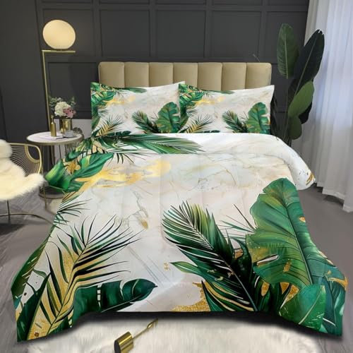 Nyescasa Bettwäsche 135x200 4teilig Weiß Marmor Grün Gold Blätter Bettwäsche Set Tropische Pflanzen Wendebettwäsche Weich Mikrofaser Botanisch Bettbezug mit Reißverschluss und 2 Kissenbezug 80x80cm