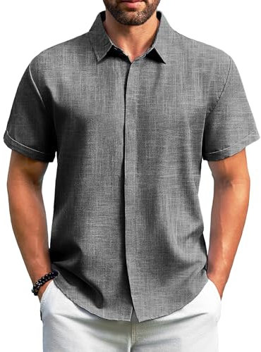 GLESTORE Hemden für Herren Hemd Kurzarm Button Down Freizeithemd Männer Regular Fit Shirt Grau XL