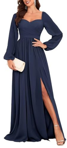 HPPEE Plus Size Mother of The Bride Dresses with Sleeves Summer A Line Chiffon Long Sleeve Navy Blue Bridesmaid Dress UK28